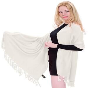 7482 Off White Cream Ivory Solid Color Tassels Design Nepalese Shawl Scarf